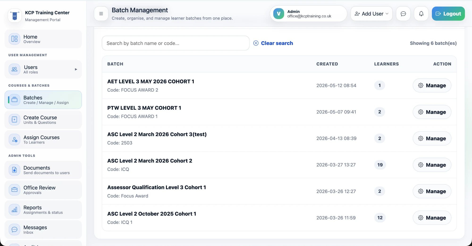 Batch management: cohorts with codes, created dates and learner counts
