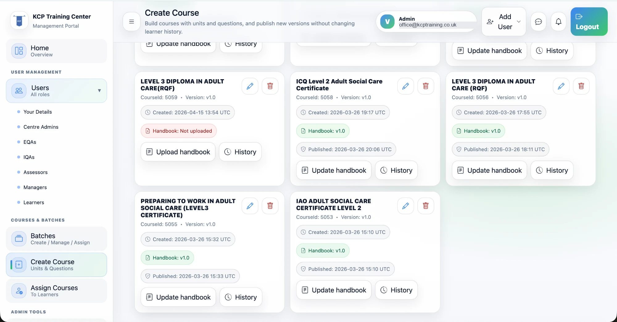 Create course: course IDs, versions, handbooks and publish dates