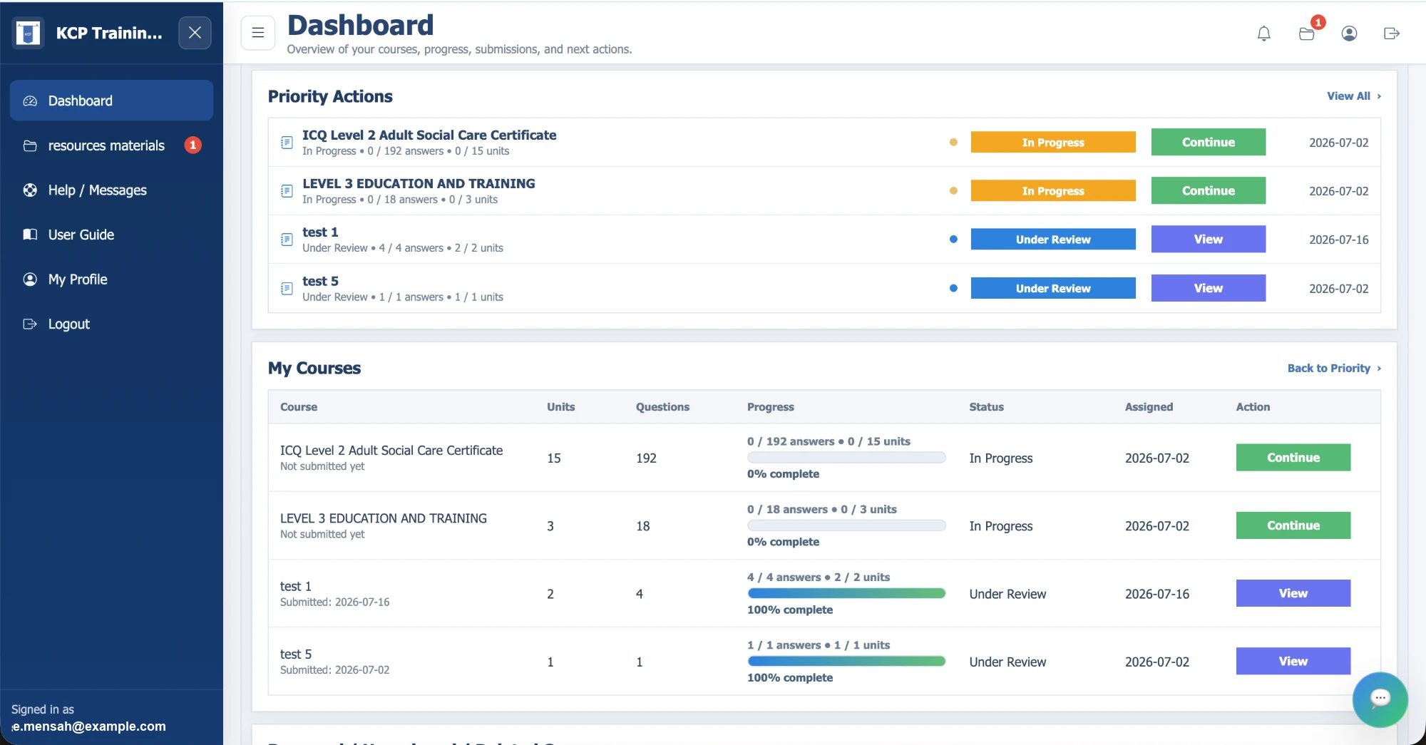 My courses on the learner dashboard with progress and status