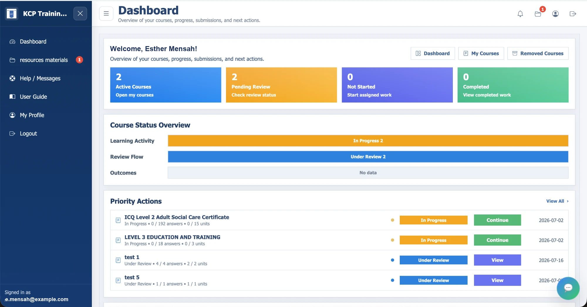 The learner dashboard: active courses, pending review, priority actions