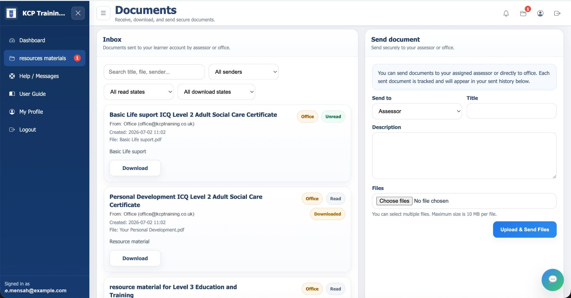 The learner documents inbox and secure send