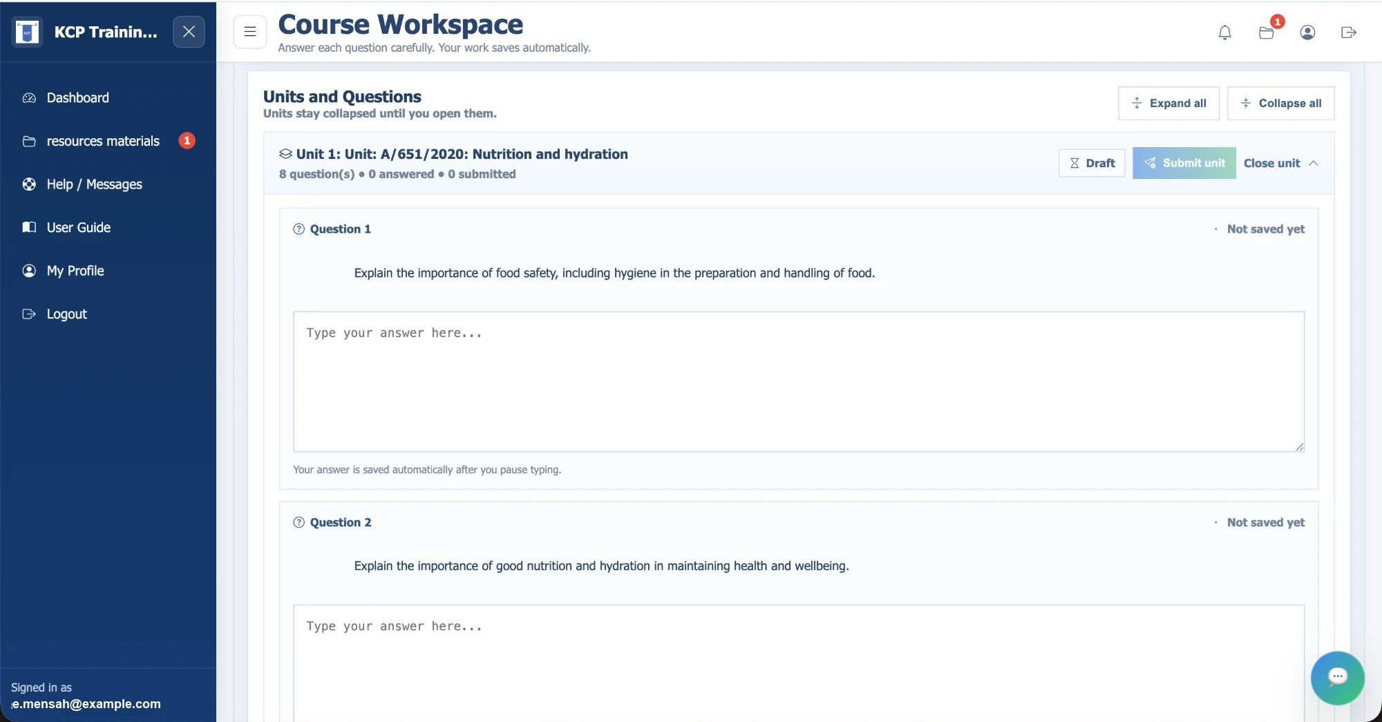 The learner course workspace: units and questions, answers saved automatically
